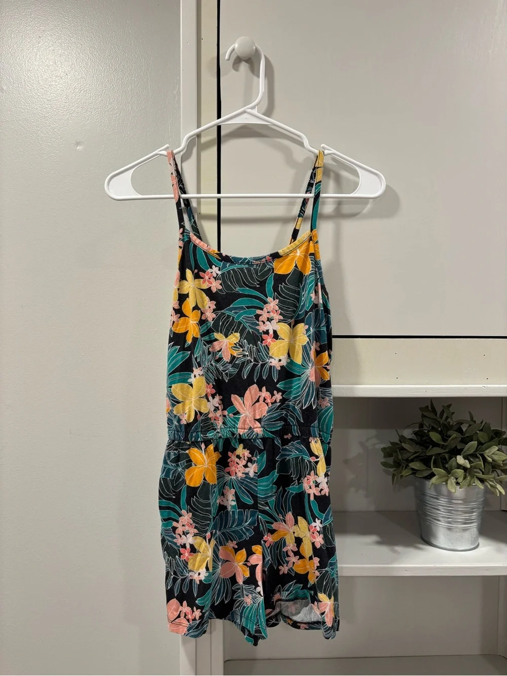 Old Navy Black Floral Tropical Romper with Yellow & Pink Blooms